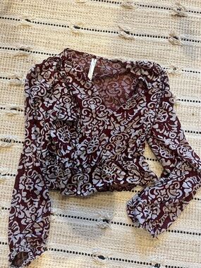 Anthropologie Burgundy and Cream Lace-Overlay Blouse